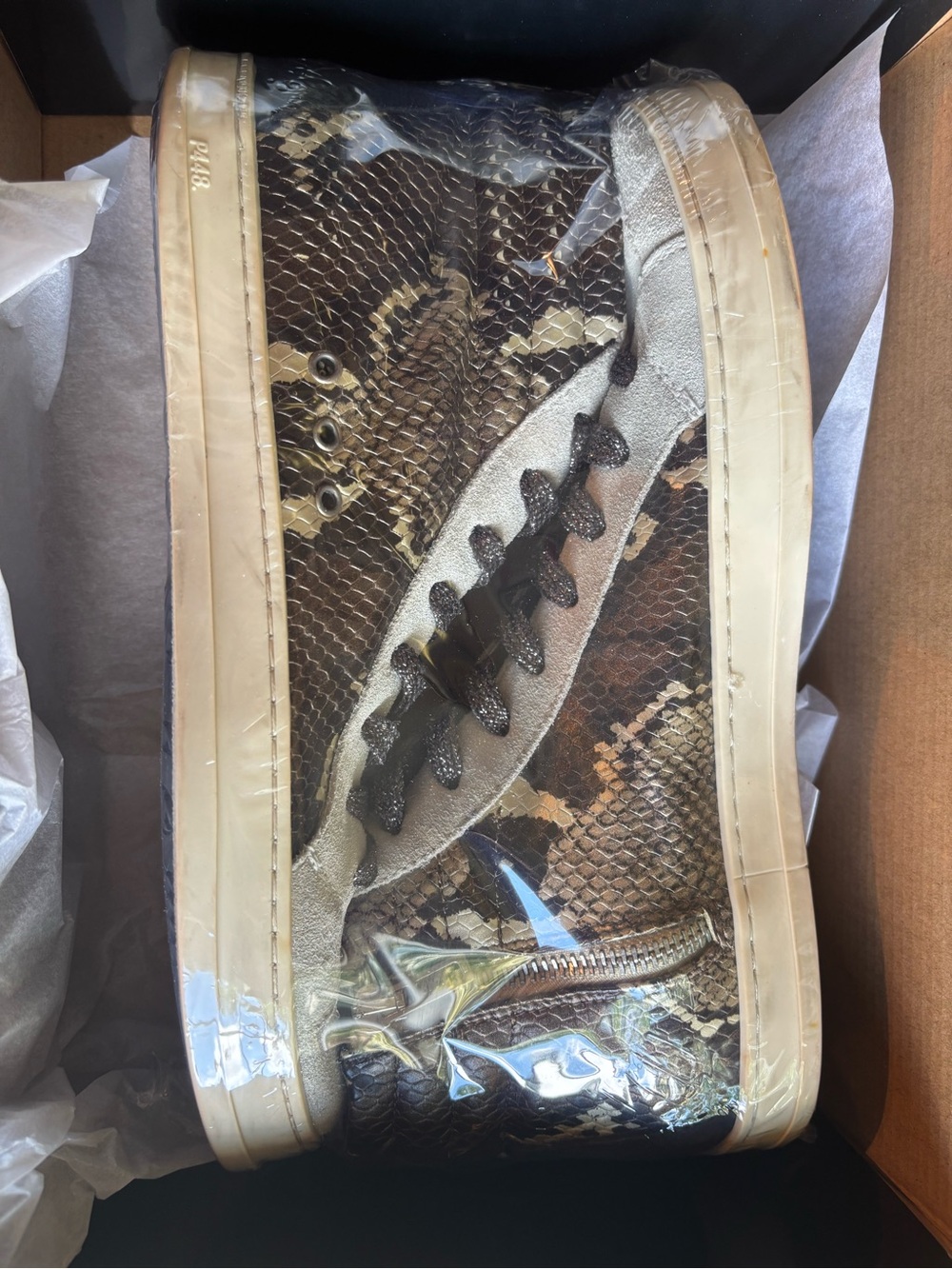 P448 Snake-Print High Top Sneakers in Brown with side zip.